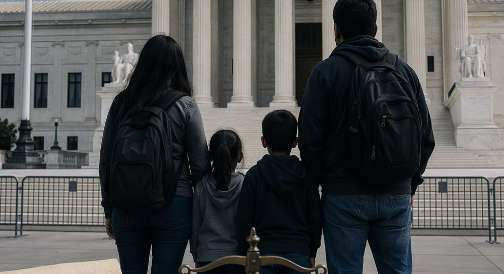 Fachada de la Suprema Corte de Estados Unidos con una familia migrante en primer plano, en una noticia sobre ciudadanía por nacimiento.