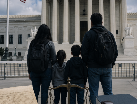 Fachada de la Suprema Corte de Estados Unidos con una familia migrante en primer plano, en una noticia sobre ciudadanía por nacimiento.