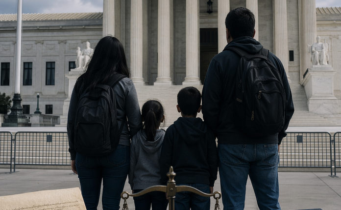 Fachada de la Suprema Corte de Estados Unidos con una familia migrante en primer plano, en una noticia sobre ciudadanía por nacimiento.