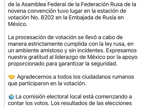 Embajada de Rusia en México agradece apoyo para el voto de sus ciudadanos