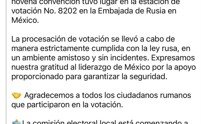 Embajada de Rusia en México agradece apoyo para el voto de sus ciudadanos